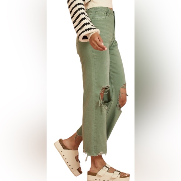 Altar’d State Aubrielle Straight Leg Jeans distressed army green size 27 - Picture 2 of 10